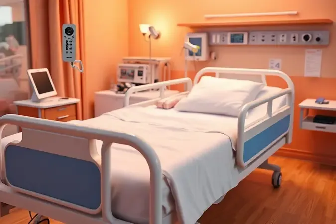 Acessórios de cama hospitalar em render 3D vibrante incluindo grades e controle remoto estilizado em tons quentes.