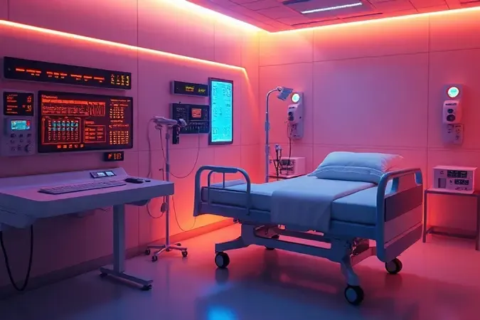 Painel de controle conceitual 3D para ajuste de altura de cama hospitalar elétrica com iluminação suave.