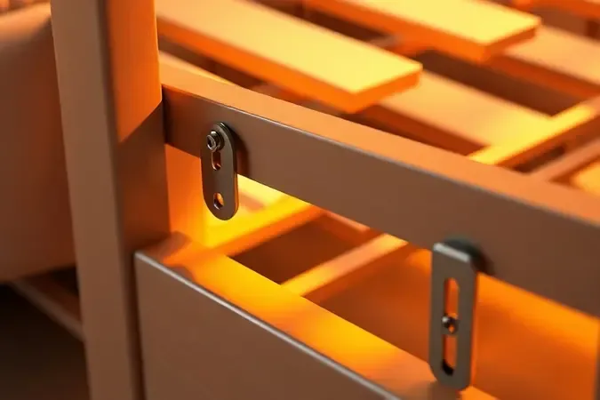 Ilustração 3D detalhando o alinhamento de suportes metálicos conceituais na base de uma cama estilizada.