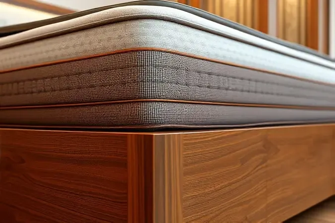 Visão lateral detalhada de uma cama alta mostrando a estrutura do box spring em um estilo artístico e clean.