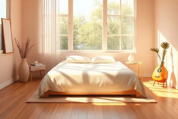 Iluminação natural suave incidindo sobre uma cama em um quarto planejado com design minimalista e tons vibrantes.