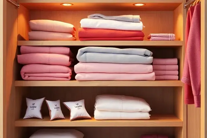 Prateleiras de armário organizadas com pilhas perfeitas de lençóis coloridos e sachês de lavanda.