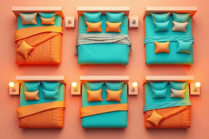 Visualização conceitual 3D de diferentes tamanhos de cama e arranjos de travesseiros simétricos.