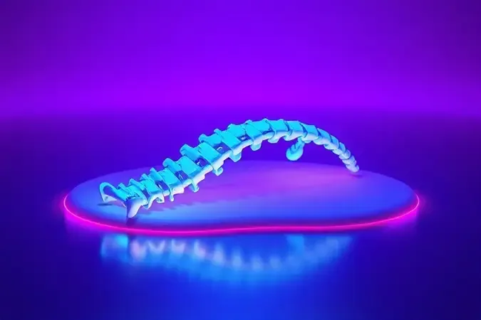 Ilustração 3D conceitual mostrando o alinhamento da coluna vertebral em uma superfície de suporte.