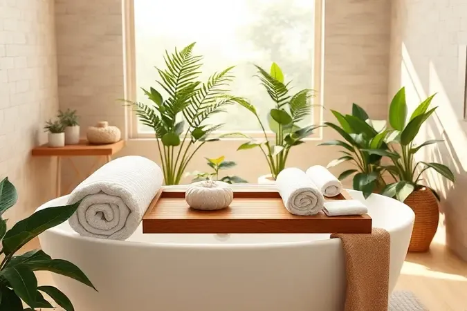 Banheiro estilo spa com toalhas macias e elementos naturais criando um refúgio de bem-estar.