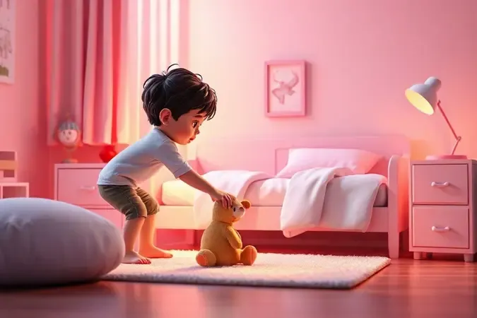 Ilustração 3D conceitual de uma criança explorando seu ambiente com autonomia em um quarto montessoriano colorido e seguro.