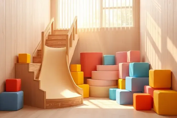 Representação conceitual 3D de elementos de um playground interno destacando movimento e desenvolvimento motor infantil em cores vibrantes.