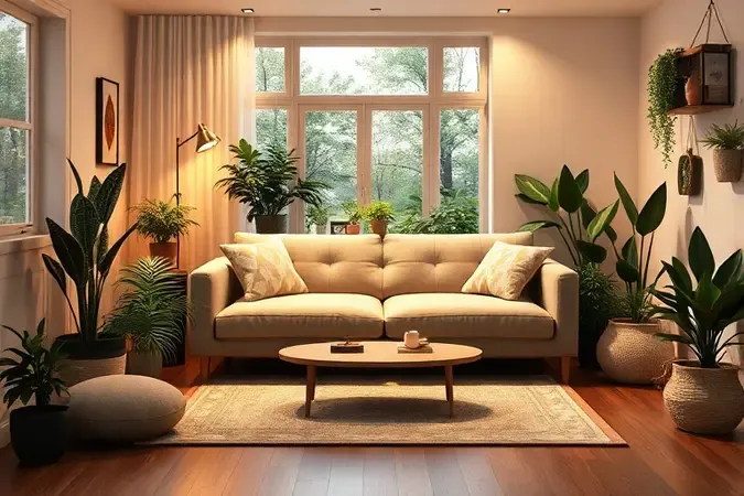 Representação conceitual de um ambiente multifuncional com um sofá-cama versátil e iluminação acolhedora.