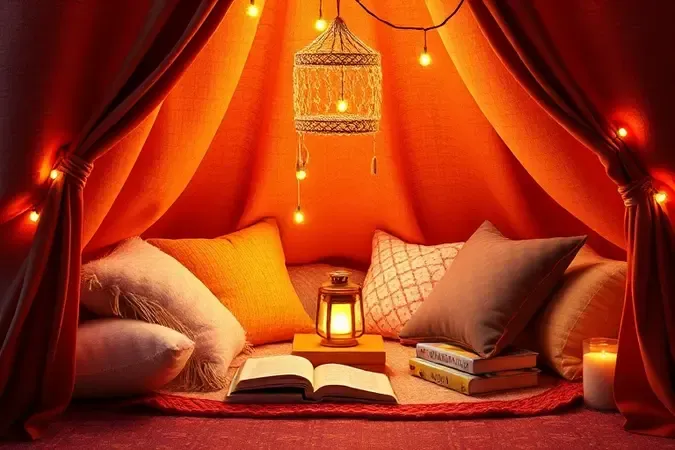 Interior de uma cabaninha infantil lúdica com almofadas coloridas, luzes suaves e atmosfera de leitura em render 3D.