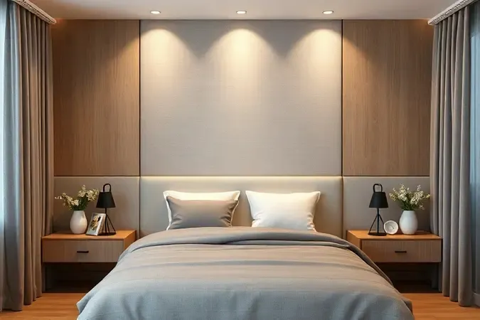 Quarto compacto e moderno com uma cabeceira estofada tipo painel de perfil baixo em tecido cinza claro.