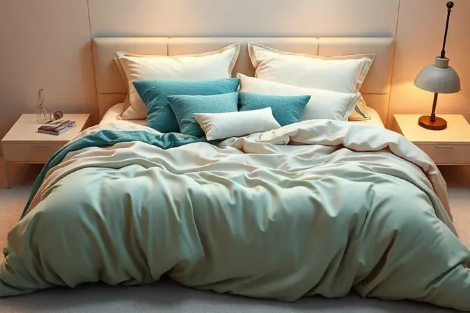 Quarto aconchegante com cama luxuosa e camadas de tecidos macios em tons pastéis e iluminação suave.
