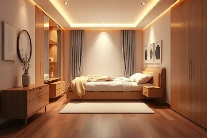 Quarto minimalista com cama baú para otimização inteligente de espaço e organização.