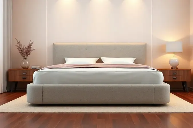 Vista lateral estilizada de uma cama box alta com design ergonômico e acabamento sofisticado em um ambiente moderno.