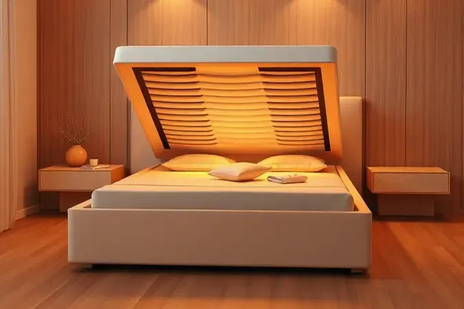Visão estilizada de uma cama box baú aberta revelando um espaço de armazenamento interno iluminado.
