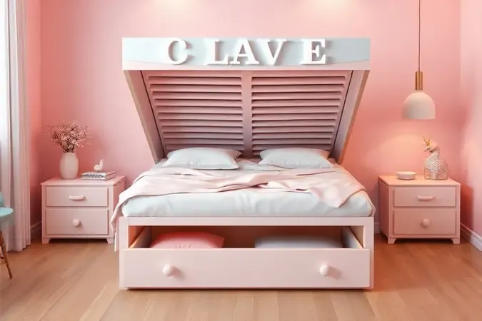 Modelo 3D de uma cama box baú mostrando o compartimento interno de armazenamento de forma organizada e limpa.
