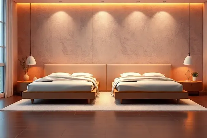 Design conceitual de bases de cama box em um ambiente moderno com iluminação quente.