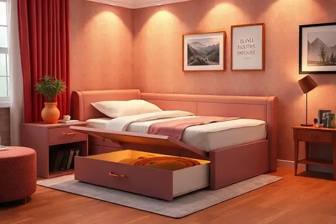 Cena 3D artística de uma cama box solteiro com design funcional de baú em um quarto acolhedor.