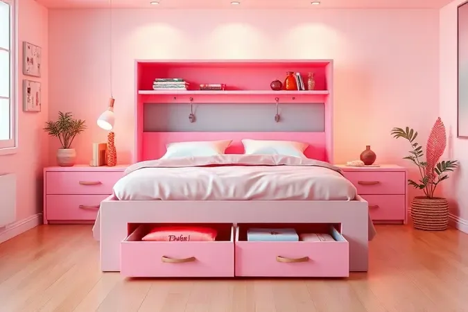 Cama funcional com gavetas de armazenamento em um ambiente de quarto moderno e organizado.