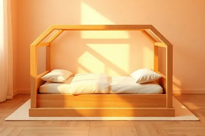 Cama montessoriana em formato de casinha feita de madeira clara em um quarto infantil colorido e minimalista.