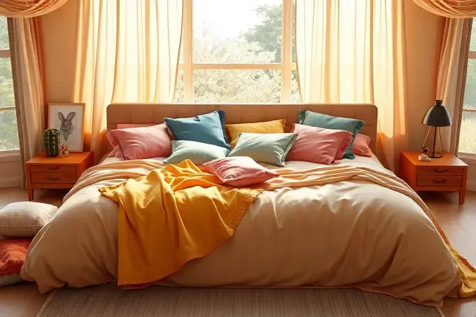 Cama espaçosa e aconchegante com muitas almofadas coloridas simbolizando conforto para toda a família.