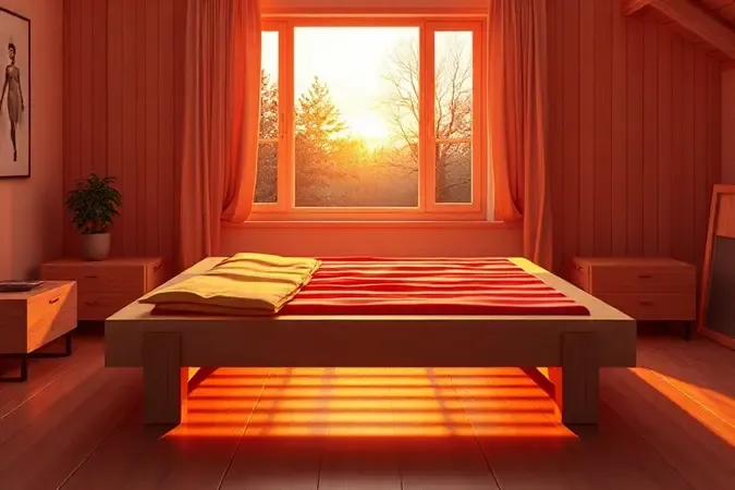 Estrutura conceitual de cama em madeira pinus com iluminação quente de pôr do sol destacando os veios da madeira.