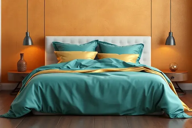 Renderização 3D de uma cama queen size moderna com tecidos luxuosos e iluminação suave em um ambiente minimalista.