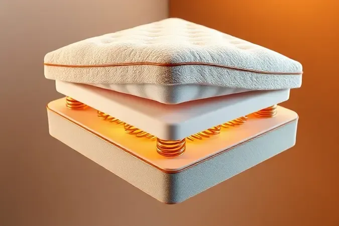 Ilustração 3D das camadas internas de conforto e molas de um colchão king size premium.