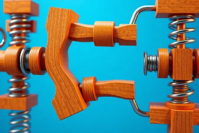 Ilustração conceitual 3D de juntas de madeira e molas de cama em destaque.