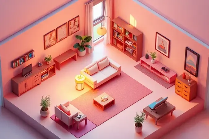 Representação isométrica 3D de cômodos de uma casa com decoração minimalista e colorida para checklist de enxoval.