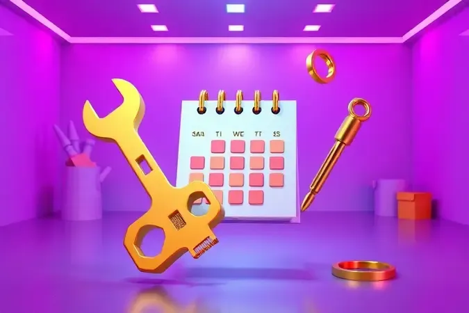 Ilustração 3D de ferramentas e calendário simbolizando a manutenção preventiva da cama.