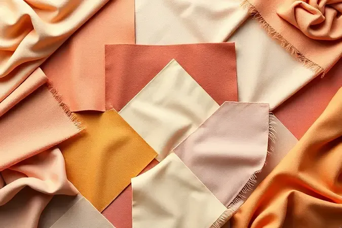 Paleta de cores e padrões de tecidos harmonizados de forma geométrica e artística.