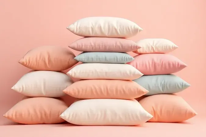 Disposição estilizada de travesseiros e almofadas em tons pastéis organizados de forma elegante em camadas.