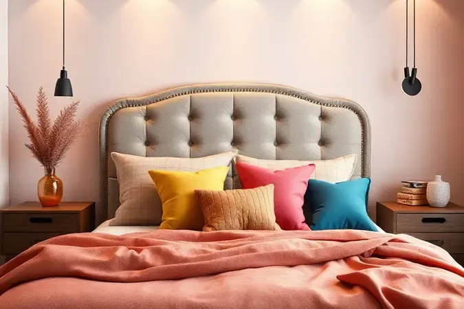Quarto conceitual com paleta de cores harmoniosa entre a cabeceira e os elementos decorativos.