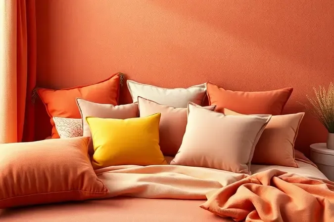 Paleta de cores e travesseiros decorativos dispostos de forma harmoniosa em um ambiente de quarto moderno.