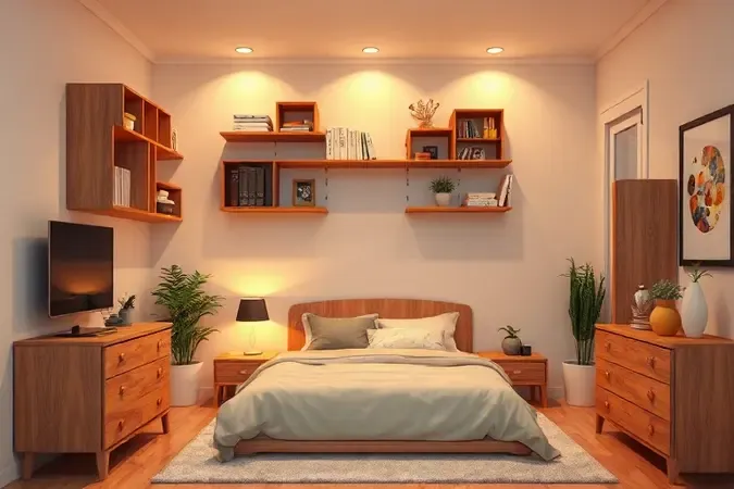 Representação 3D de um quarto pequeno com soluções criativas de organização e prateleiras.