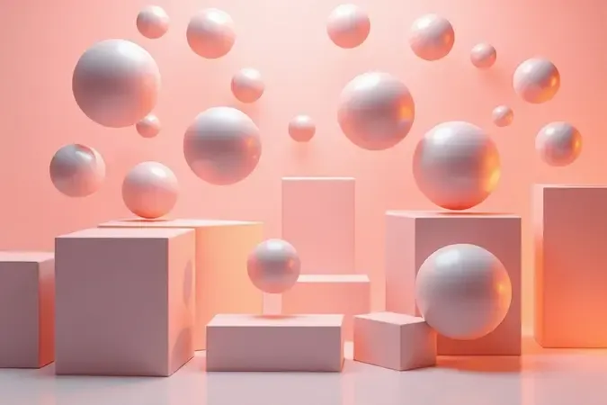 Composição abstrata em 3D de diferentes materiais e densidades para representar a escolha ideal do colchão por biotipo.