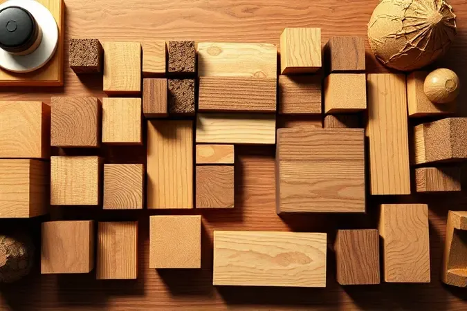 Amostras de madeira pinus em diferentes tonalidades organizadas de forma artística para escolha de materiais.