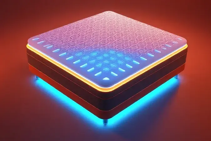 Ilustração 3D conceitual mostrando as camadas internas de suporte e a engenharia de uma cama box ortopédica estilizada.