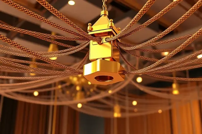 Detalhe técnico conceitual de suportes metálicos e cabos de aço para fixação de cama suspensa.