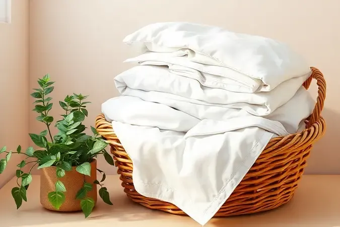 Cesto de lavanderia com roupas de cama brancas e macias dobradas, simbolizando cuidado e frescor.