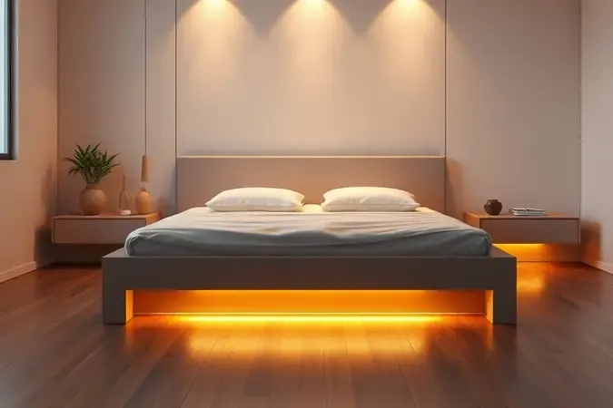 Visão conceitual de uma cama box minimalista com iluminação dourada focada na base e no chão perfeitamente limpo.