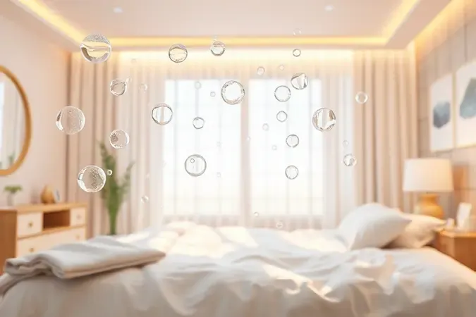 Ilustração conceitual em 3D sobre a limpeza e manutenção de uma cama box casal com bolhas de sabão.