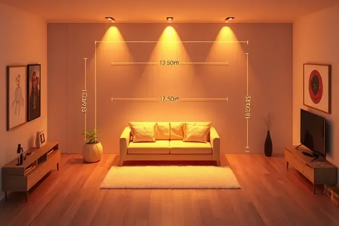 Ilustração 3D de uma planta baixa de sala com marcações de medida em volta de um sofá aberto.
