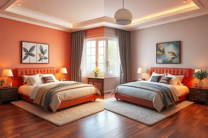 Representação conceitual de dois estilos diferentes de decoração de quarto com paletas de cores vibrantes.