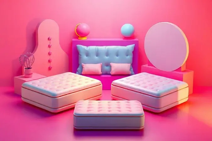 Representação visual artística de diferentes tamanhos de colchão em estilo 3D vibrante.