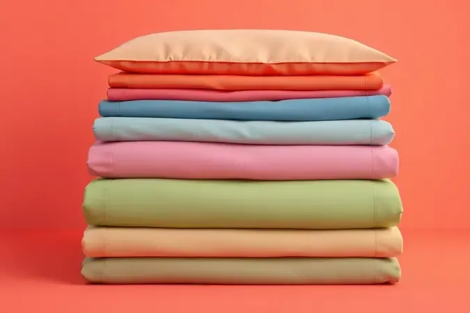 Representação artística de camadas de tecidos dobrados em cores vibrantes simulando um jogo de cama completo.