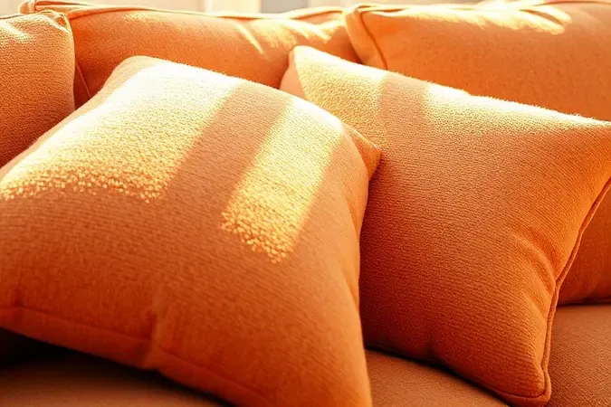 Close-up de almofadas de sofá macias com textura de tecido confortável sob luz solar quente.