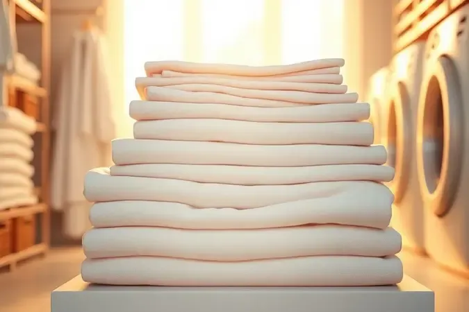 Pilha de lençóis e fronhas perfeitamente dobrados em um ambiente organizado e luminoso.