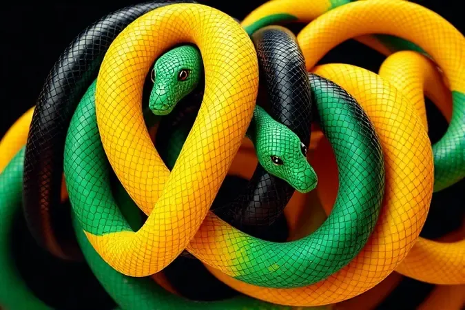 Conjunto de serpentes conceituais coloridas em 3D ilustrando as diferentes interpretações das cores nos sonhos.