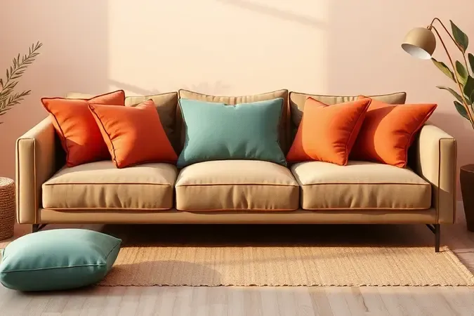 Almofadas em cores modernas sobre um sofá de design limpo, ilustrando tendências de decoração.
